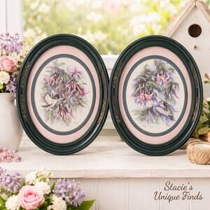 Pair Vintage Hummingbird Oval Framed Matted Print Pink Green 11" Boho Chic